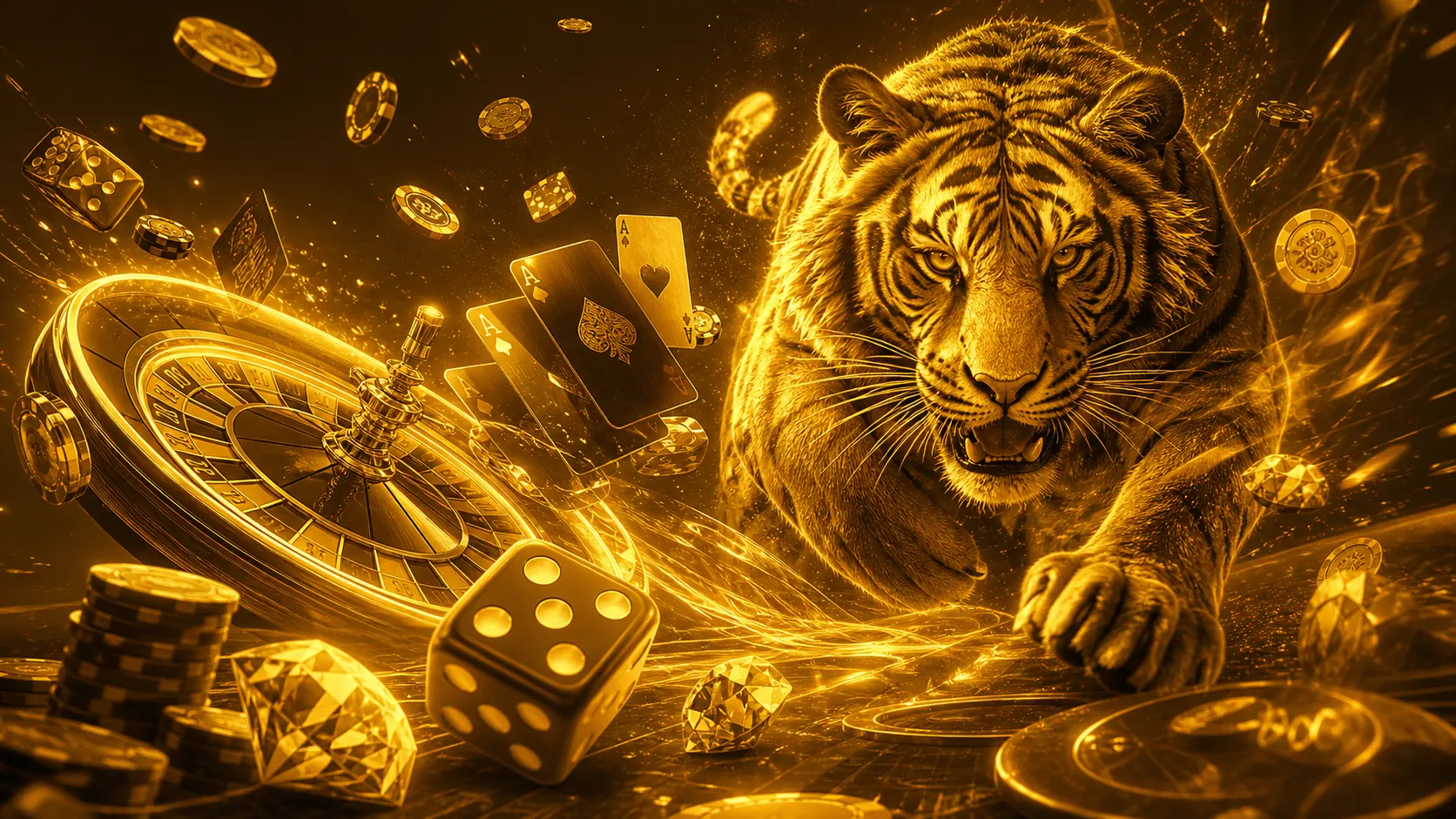 A luxurious, tiger-themed casino banner featuring floating poker chips, playing cards, and dice in a 16:9 ratio.