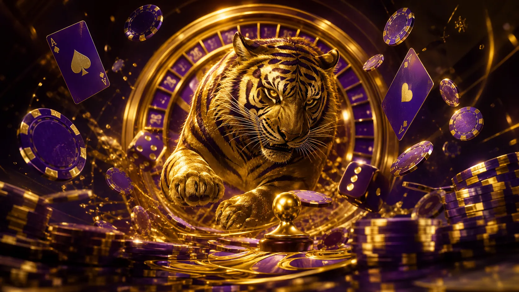 A luxury casino banner with a tiger theme, featuring poker chips, cards, and dice in dynamic motion, using a restricted color